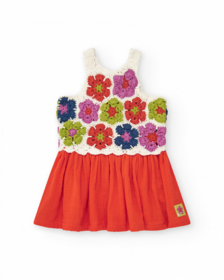 Red dress for girls with plain skirt and crochet floral bodice