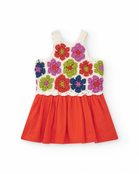 Red dress for girls with plain skirt and crochet floral bodice