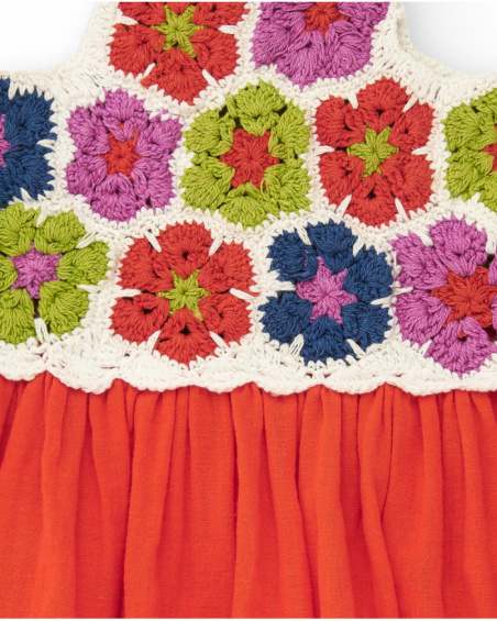 Red dress for girls with plain skirt and crochet floral bodice