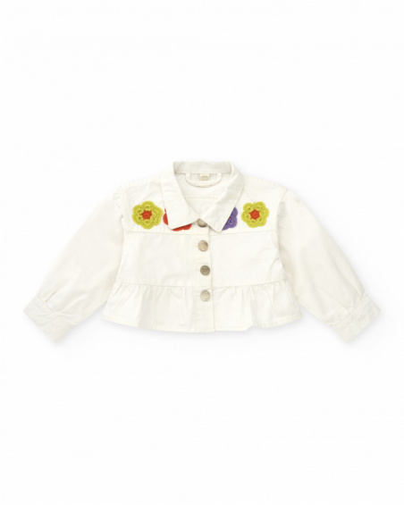 White flat jacket for girls with buttons and ruffled hem