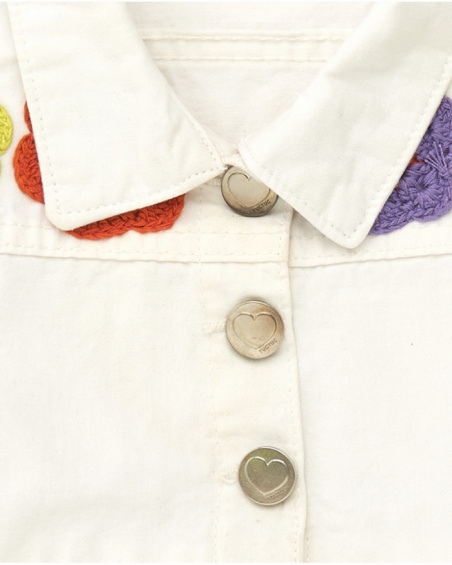 White flat jacket for girls with buttons and ruffled hem