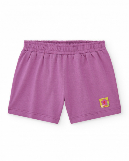 Lilac shorts for girls with elastic waistband and floral embroidery