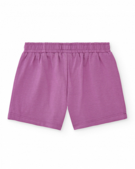 Lilac shorts for girls with elastic waistband and floral embroidery