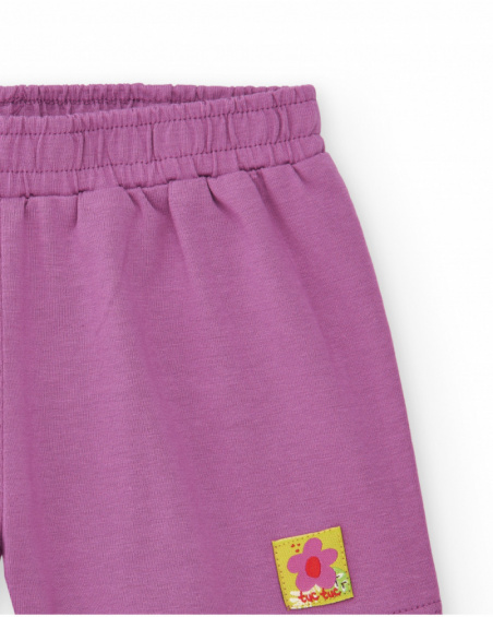 Lilac shorts for girls with elastic waistband and floral embroidery