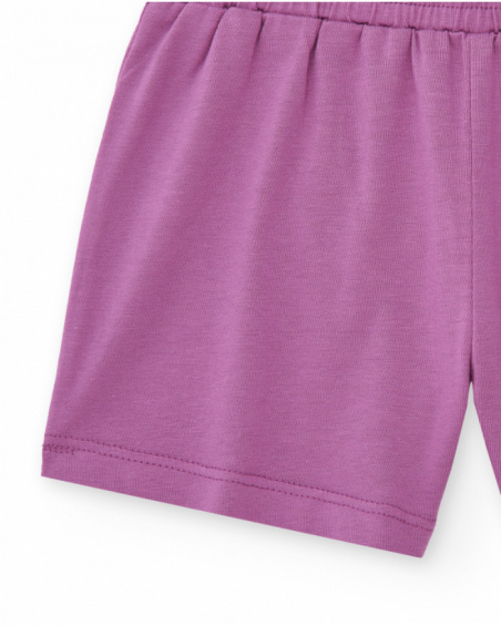 Lilac shorts for girls with elastic waistband and floral embroidery