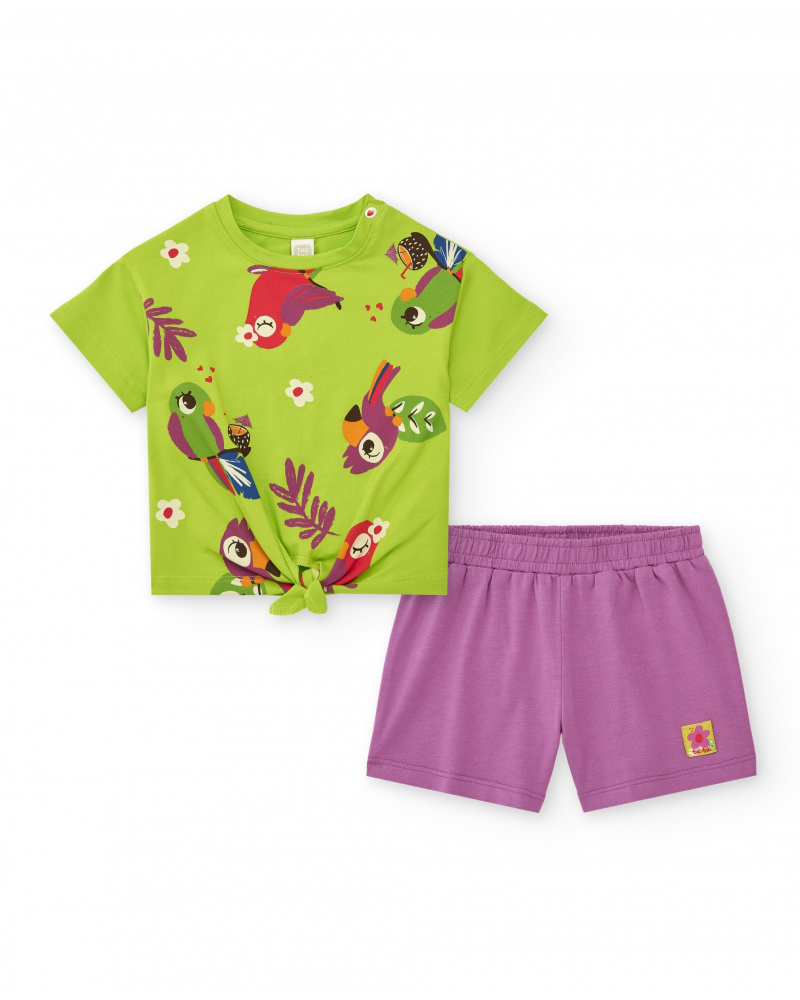 Girls' outfit with green parrot T-shirt and lilac shorts