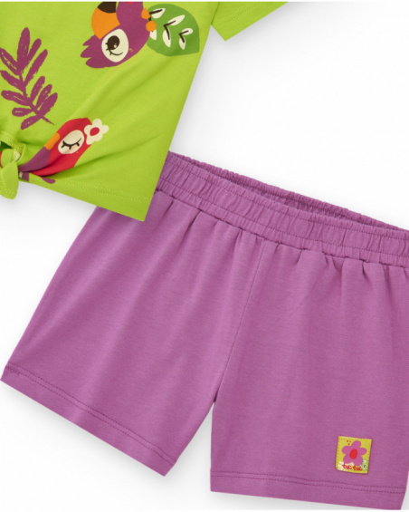 Girls' outfit with green parrot T-shirt and lilac shorts
