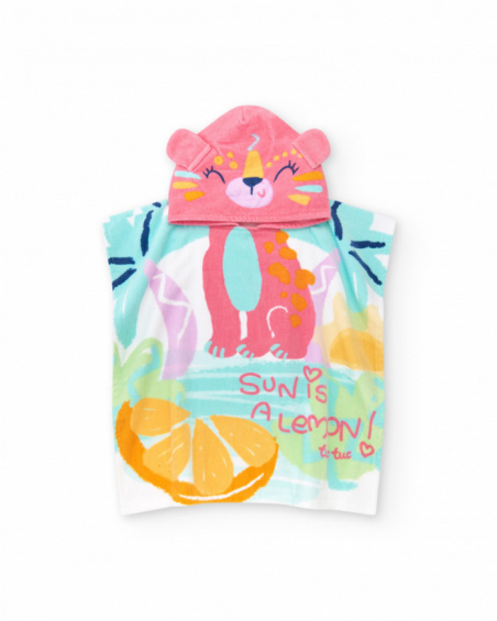 Poncho towel for girls with tropical print and animal hood
