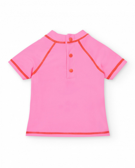 Pink swim T-shirt for girls with animal face print