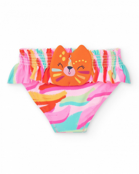 Pink swim slip for girls with multicolor print and ruffles