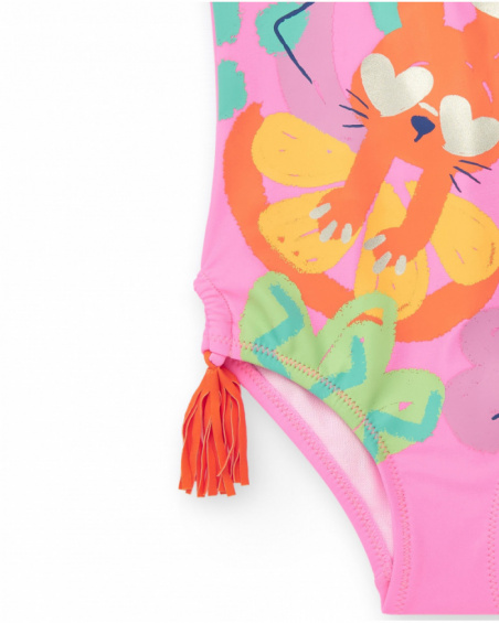 Pink swimsuit for girls with tropical print and side tassels