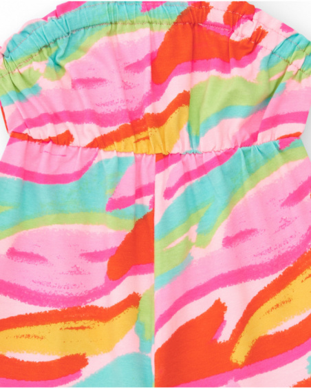 Pink romper for girls with tropical print and elastic waist