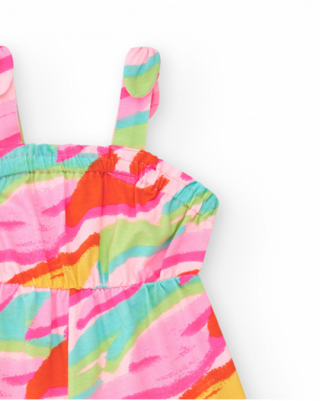Pink romper for girls with tropical print and elastic waist