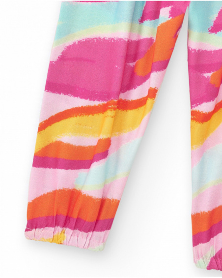 Pink flat pants for girls with tropical print and bow
