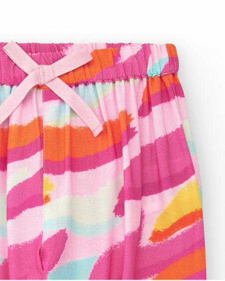 Pink flat pants for girls with tropical print and bow