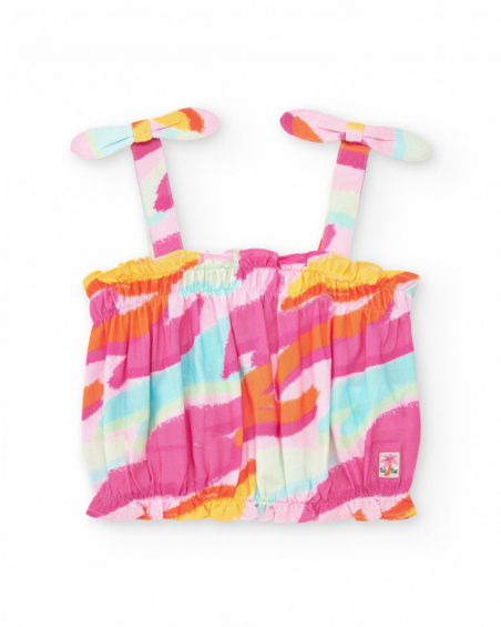 Pink top for girls with multicolor print and bow straps