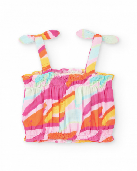 Pink top for girls with multicolor print and bow straps
