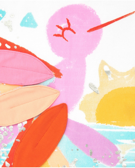 White T-shirt for girls with multicolor bird and fabric details