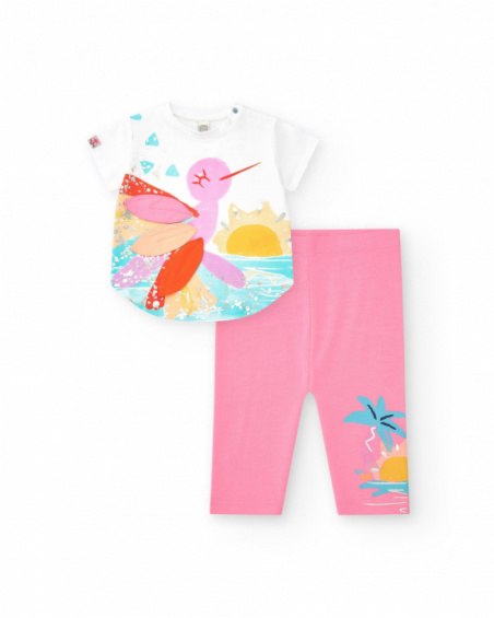 Girls' outfit with white hummingbird T-shirt and pink cycling leggings