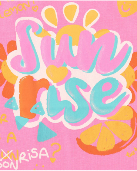 Pink T-shirt for girls with phrases and decorative details