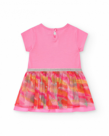 Pink dress for girls with printed skirt and silver trim