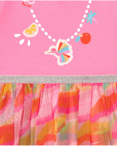 Pink dress for girls with printed skirt and silver trim