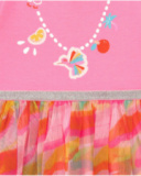 Pink dress for girls with printed skirt and silver trim