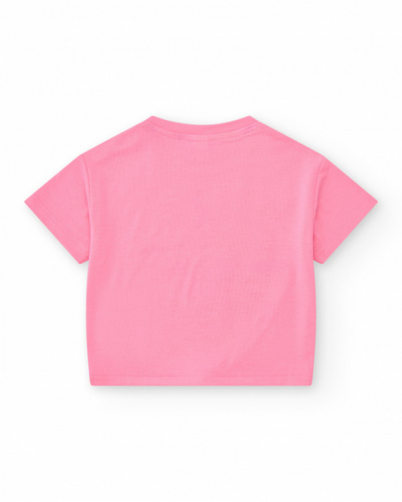 Pink T-shirt for girls with animal face and lower knot