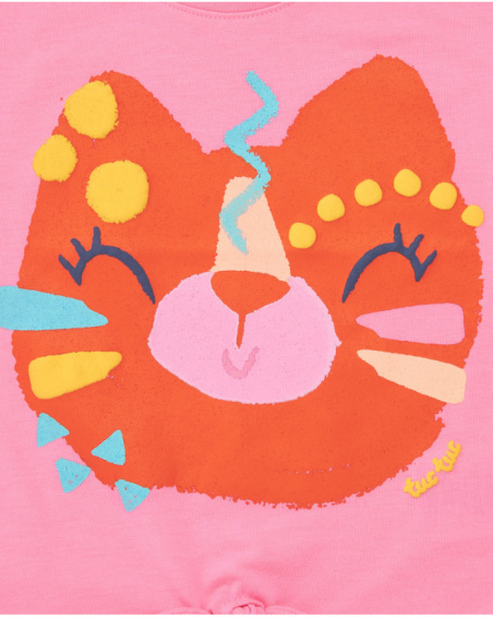 Pink T-shirt for girls with animal face and lower knot