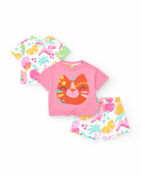 Girls outfit with two T-shirts and printed shorts