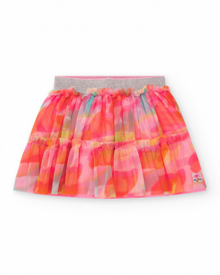 Pink tulle skirt for girls with multicolor layers and fitted waist