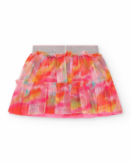 Pink tulle skirt for girls with multicolor layers and fitted waist