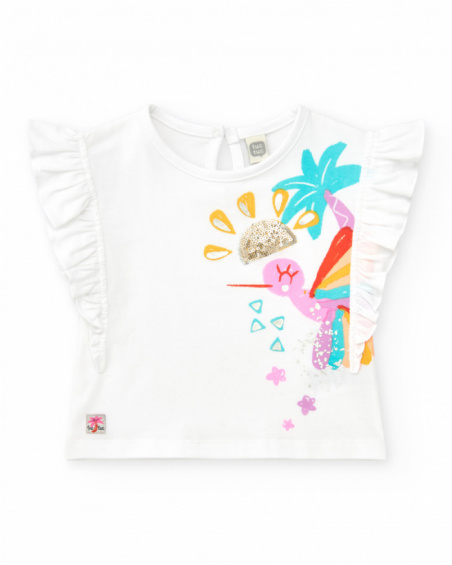 White T-shirt for girls with tropical hummingbird and sequins