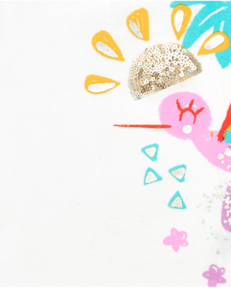 White T-shirt for girls with tropical hummingbird and sequins