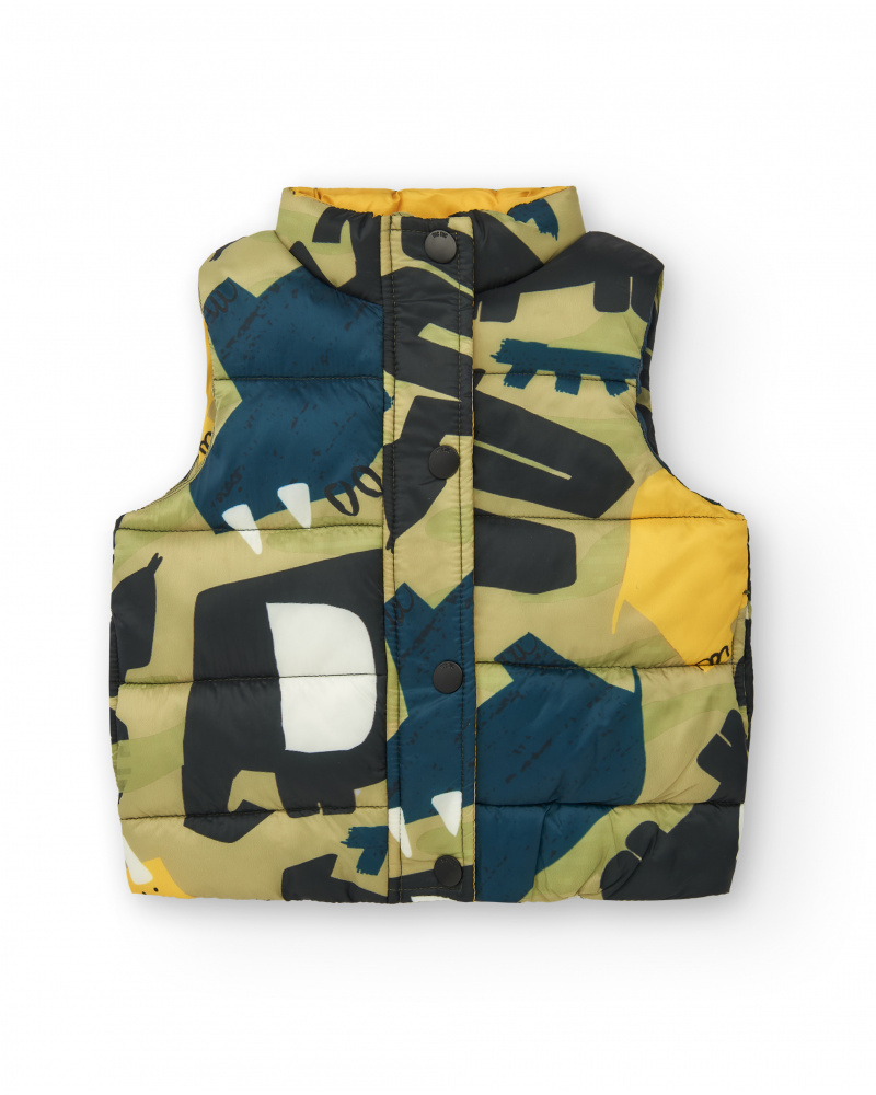 Green padded vest for boys with dinosaur print