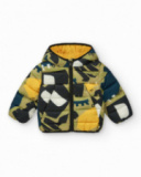 Green padded jacket for boys with dinosaur print and yellow lining