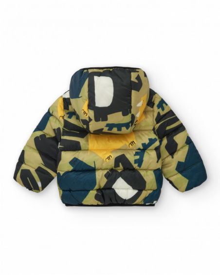 Green padded jacket for boys with dinosaur print and yellow lining