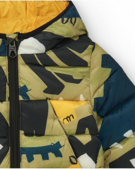 Green padded jacket for boys with dinosaur print and yellow lining