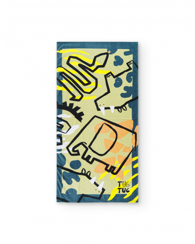 Green towel for boys with dinosaur print