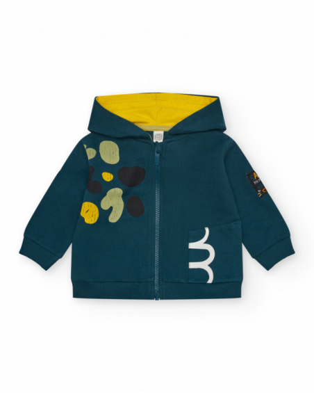 Green fleece jacket for boys with yellow hood and zipper