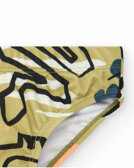 Khaki swim slip for boys with dinosaur print