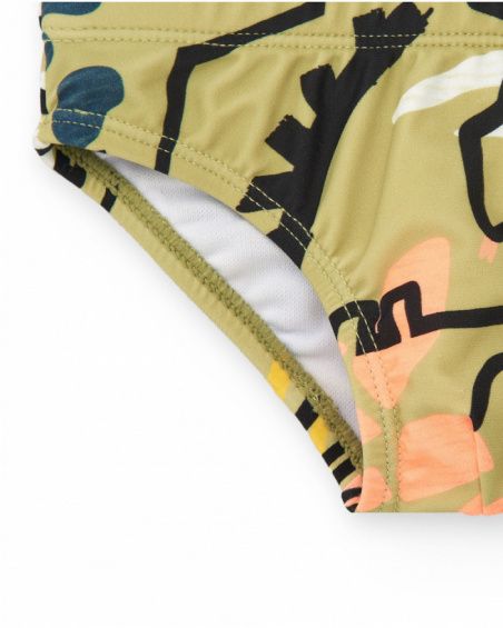 Khaki swim slip for boys with dinosaur print