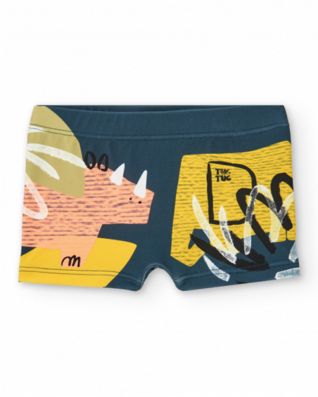 Blue and yellow swim boxer for boys with dinosaurs