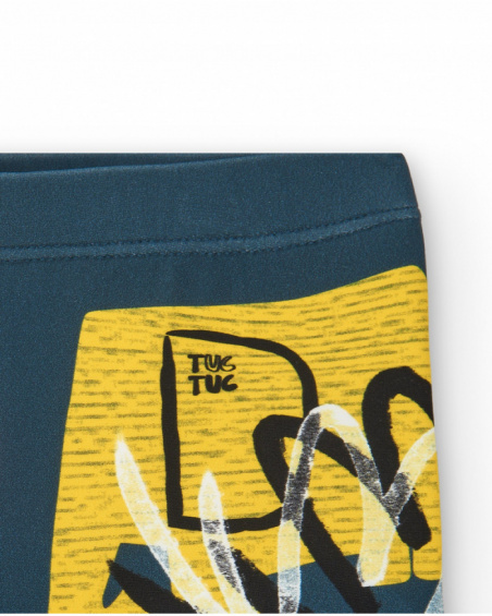 Blue and yellow swim boxer for boys with dinosaurs