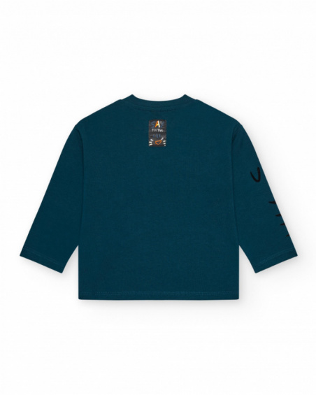 Green long-sleeved T-shirt for boys with animal print and geometric details