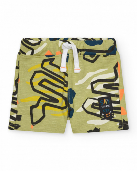 Green fleece bermuda shorts for boys with dinosaur print