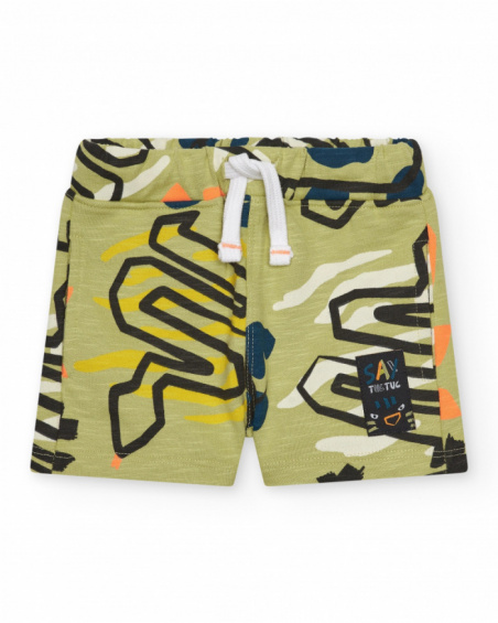 Green fleece bermuda shorts for boys with dinosaur print