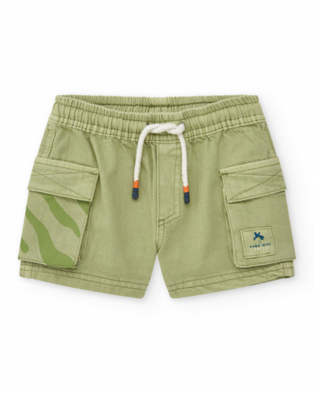Green twill bermuda shorts for boys with cargo pockets and adjustable drawstring