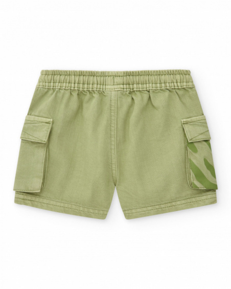 Green twill bermuda shorts for boys with cargo pockets and adjustable drawstring