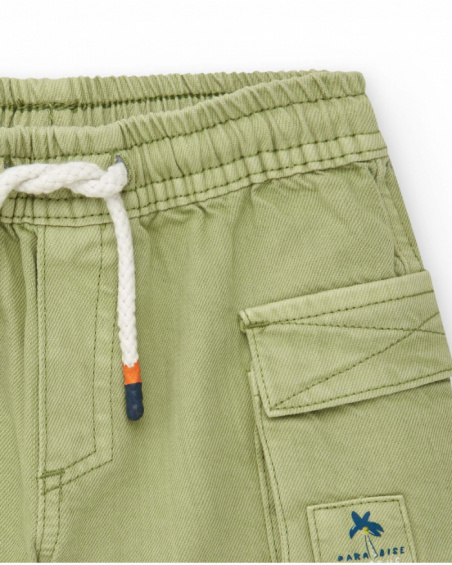 Green twill bermuda shorts for boys with cargo pockets and adjustable drawstring
